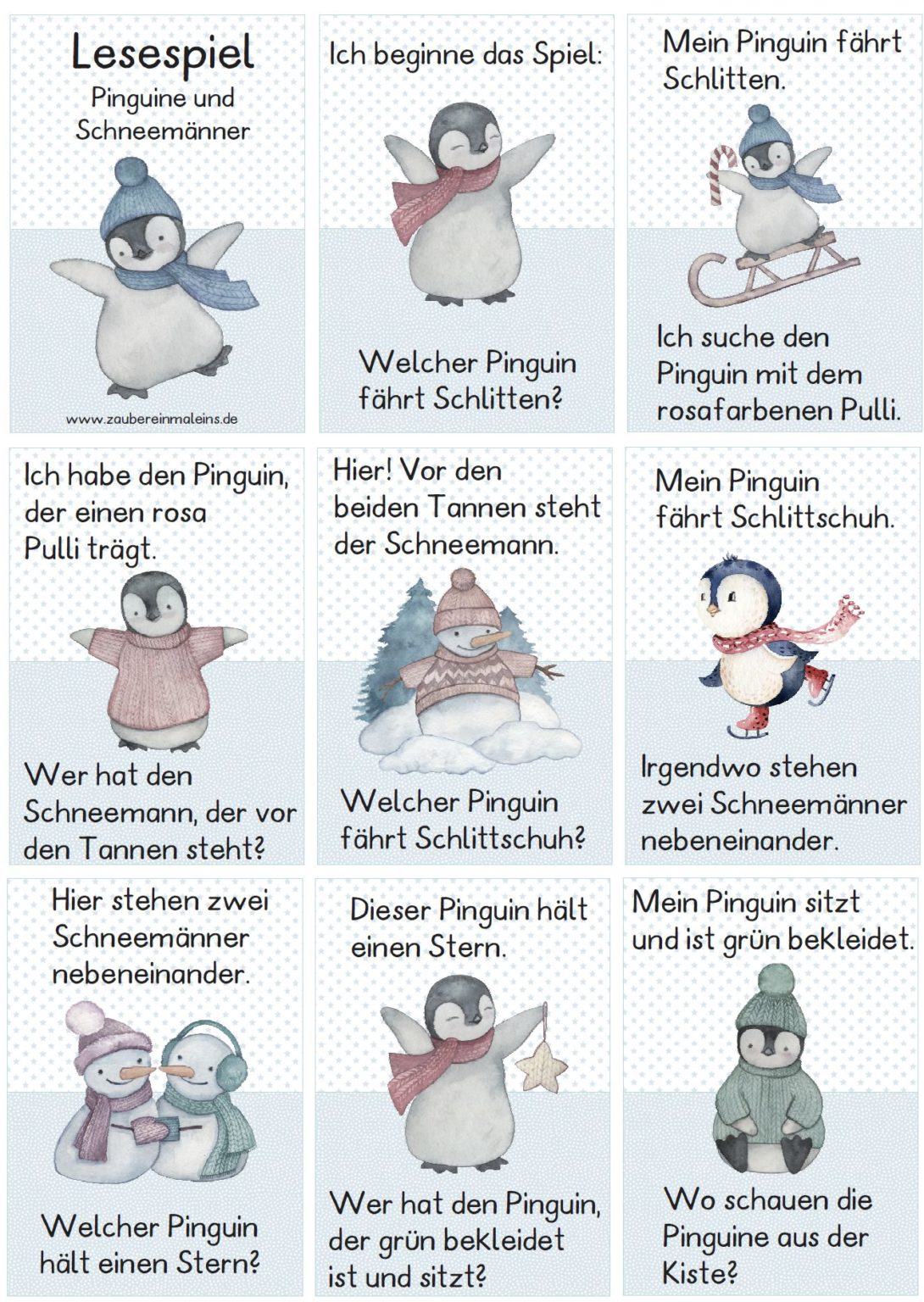 Lesespiel: Pinguine Und Schneemänner (24 Karten) – Zaubereinmaleins Shop